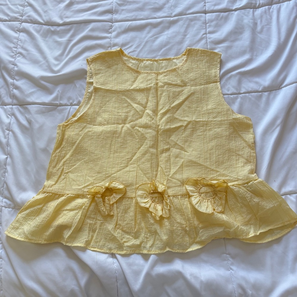 Yellow Textured 2 Piece Set XL Peplum Ruffle Top Wide Leg Pants Palazzo Beachy